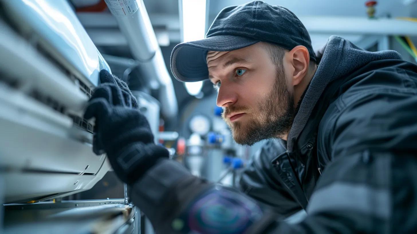 a polished technician in a sleek, modern office space inspects a high-efficiency hvac unit with advanced diagnostic tools, emphasizing the precision and expertise of professional seasonal ac maintenance.