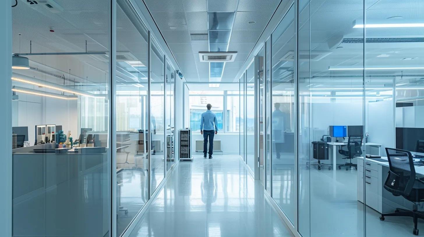 a modern office featuring a sleek, open workspace with an hvac technician examining a high-efficiency air conditioning unit, surrounded by tools and maintenance equipment under bright, artificial lighting, conveying a sense of professionalism and expertise in seasonal maintenance.