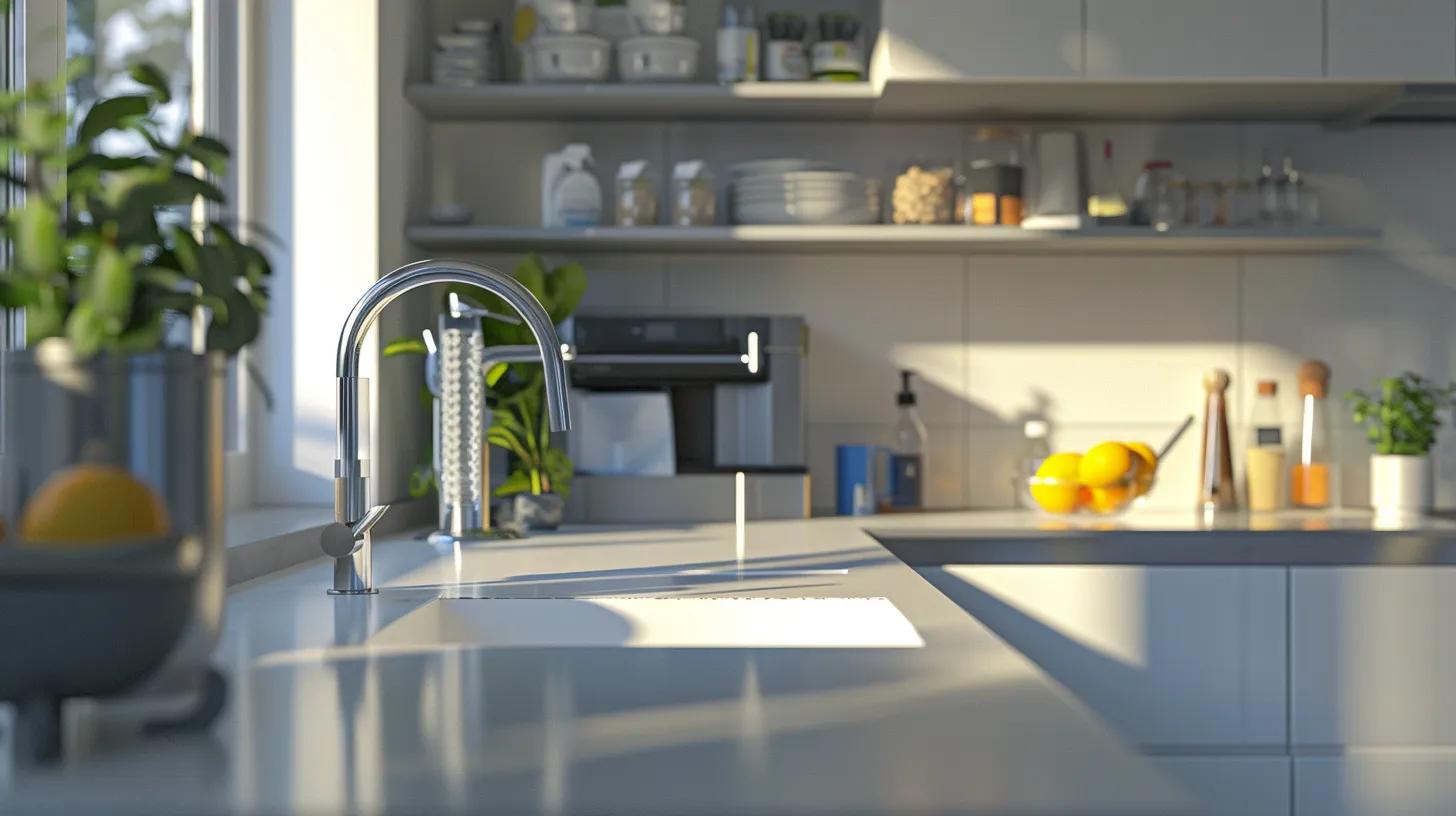 a modern kitchen with a pristine sink and organized cleaning supplies prominently displayed, emphasizing the importance of routine maintenance for preventing costly drain repairs.