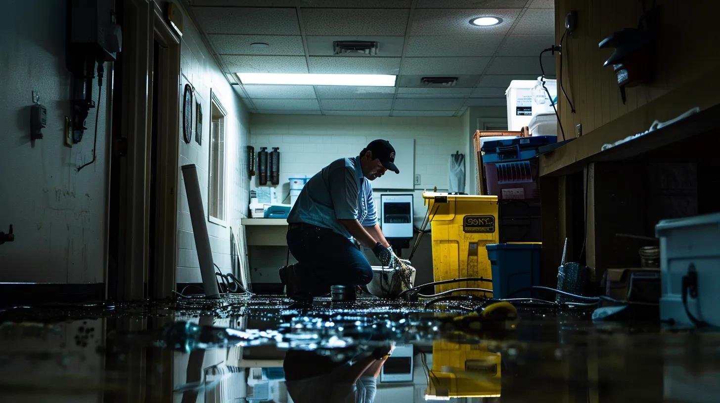 a detailed view of a modern tampa plumbing service office, featuring a technician inspecting a damaged drain with visible signs of corrosion and water damage, illuminated by bright overhead lights, conveying urgency and the need for immediate replacement.