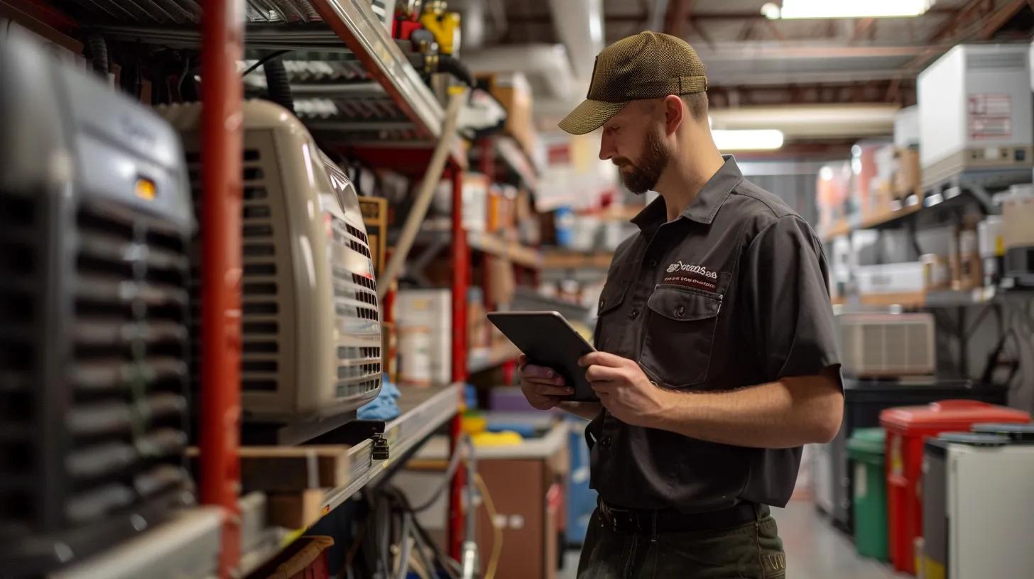 a focused indoor scene showcases a professional ac repair technician reviewing customer testimonials on a digital tablet, surrounded by air conditioning units and tools in a well-organized, modern workshop, capturing the essence of reliability and expertise in home appliance service.
