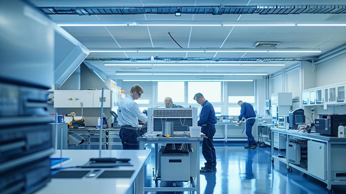 a modern, well-organized hvac repair office, featuring technicians intently inspecting a central ac unit on a sleek workbench, with tools and diagnostic equipment arranged neatly around them in a brightly lit, professional environment.