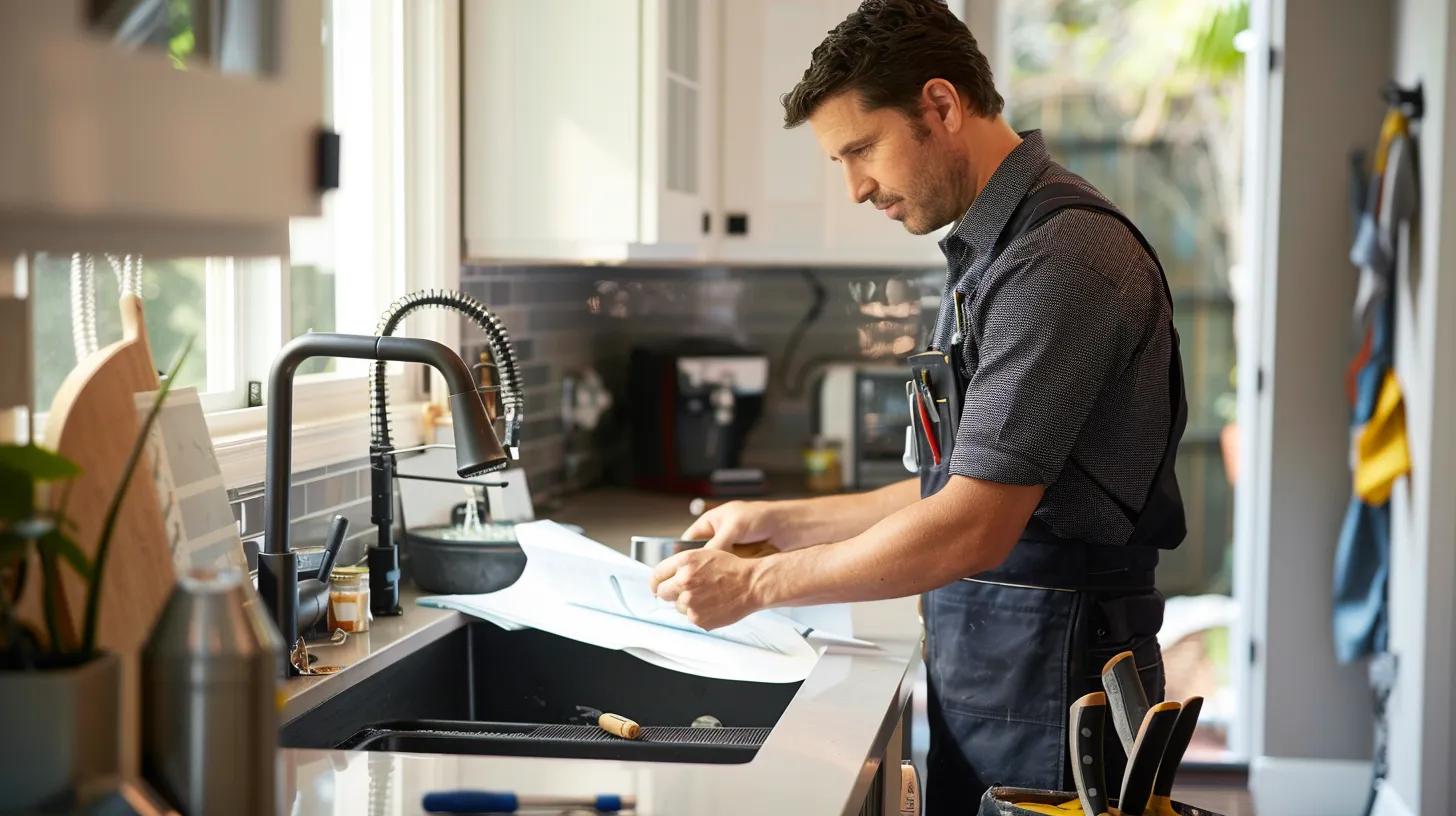 a professional plumber analyzing a home's plumbing layout in a modern, well-lit kitchen, equipped with tools and materials for an efficient drain replacement preparation.