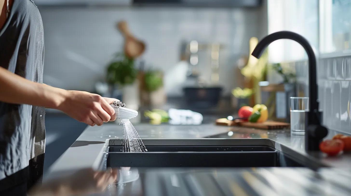 a polished, modern kitchen setting showcases a homeowner diligently inspecting and cleaning a sleek drain system, emphasizing the importance of preventive maintenance to ensure longevity and efficiency.