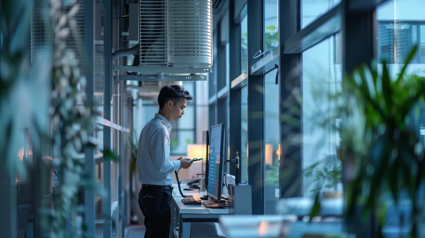 a sleek, modern office setting showcases a technician performing routine maintenance on a high-efficiency air conditioning unit, highlighting the importance of regular upkeep for energy savings and system performance.