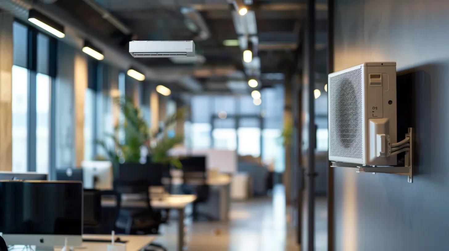an industrial office space displays a sleek, modern air conditioning unit prominently, with a digital monitor showing fluctuating temperature readings to emphasize system instability marked by frequent cycling.