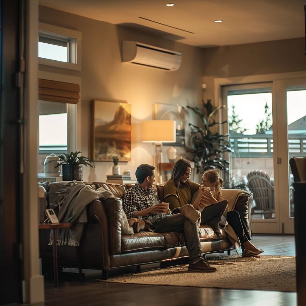 Family enjoying comfort in a home with a smart thermostat, emphasizing energy savings and family well-being