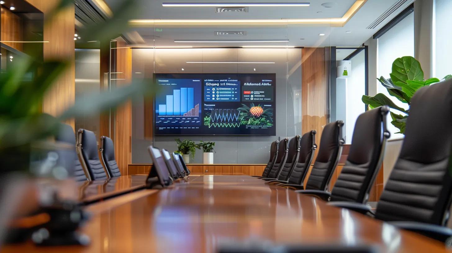 a modern, sleek office space with a sophisticated conference table displaying a digital screen showcasing a vibrant infographic comparing key attributes of tampa drain replacement services, emphasizing transparency and quality in an engaging, professional setting.