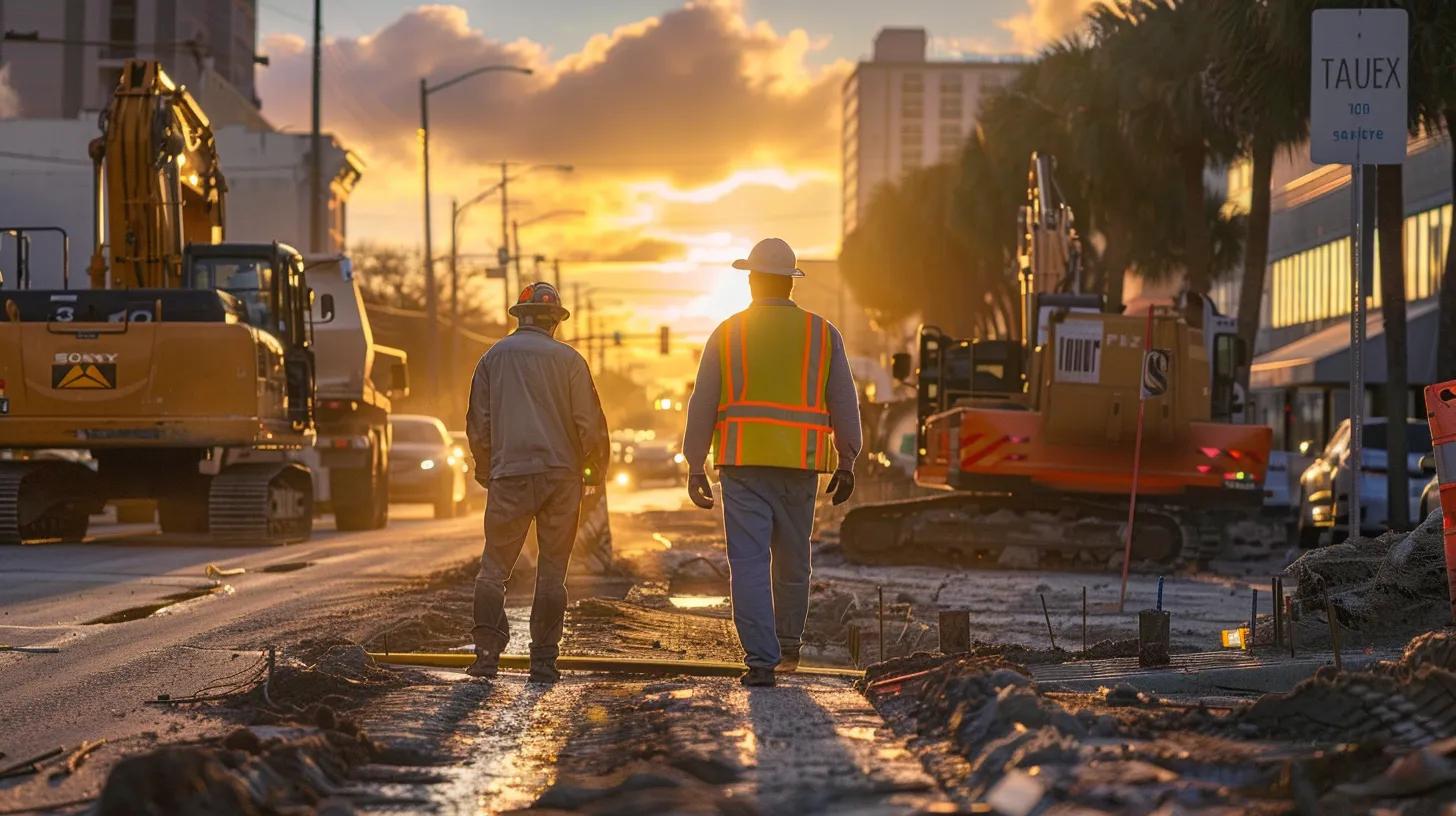 a focused urban construction site in tampa reveals skilled professionals methodically replacing a drainage system, surrounded by compliance signage and tools, bathed in the warm glow of late afternoon light.