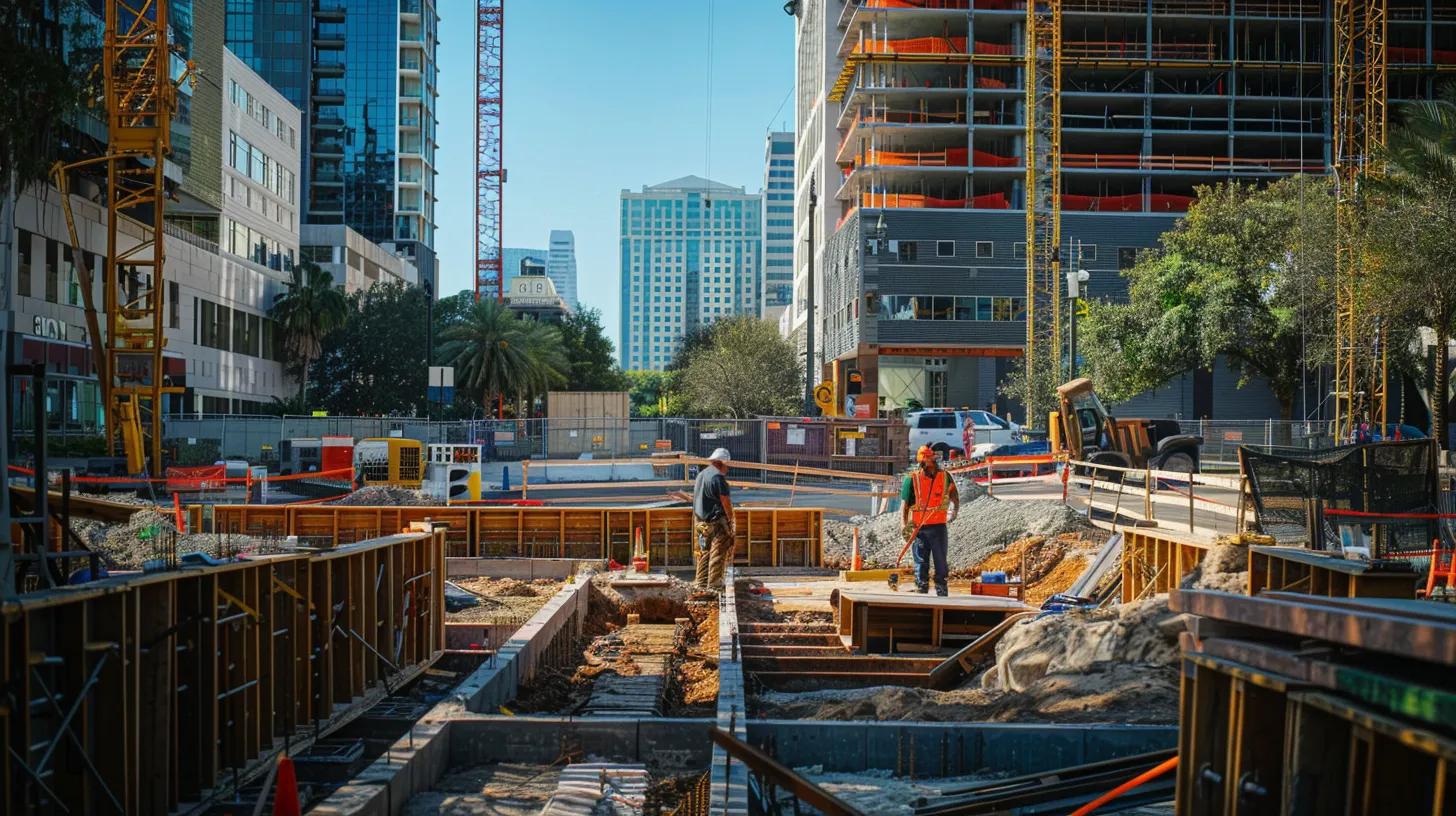 a dynamic urban construction site in tampa, featuring skilled contractors equipped with advanced technology, meticulously collaborating on a residential drain replacement project amidst a backdrop of modern buildings.