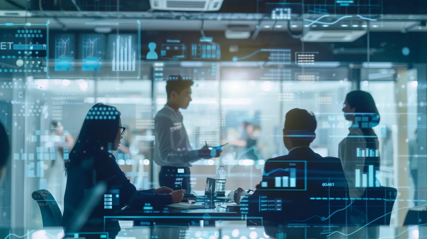 a bustling office environment showcases a team of professionals engaged in a heated discussion around a large conference table, surrounded by charts and graphs highlighting customer concerns about ac repair services.