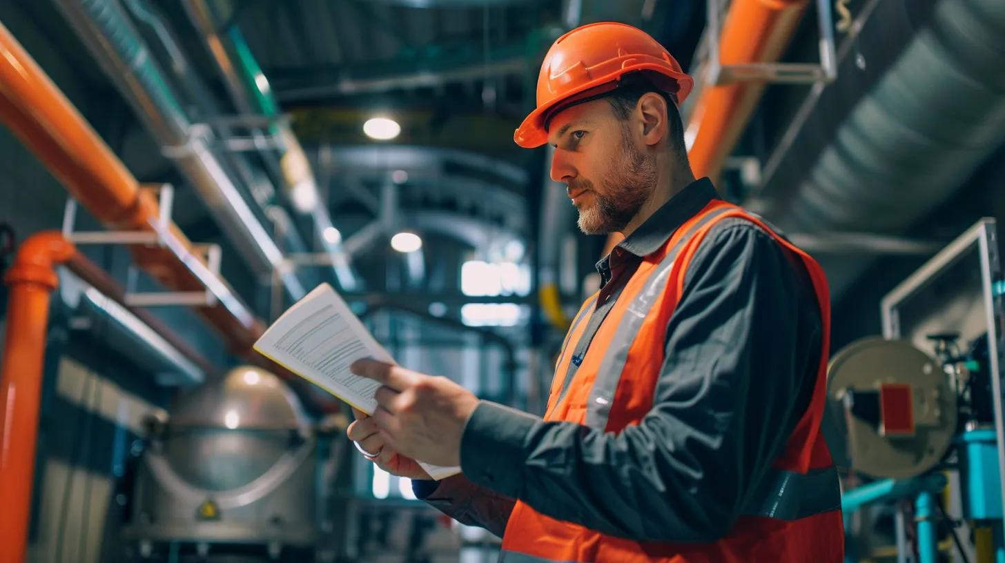 an industrial technician examines a high-tech drainage inspection system in a sleek office environment, showcasing advanced tools and equipment used for professional drain assessment.