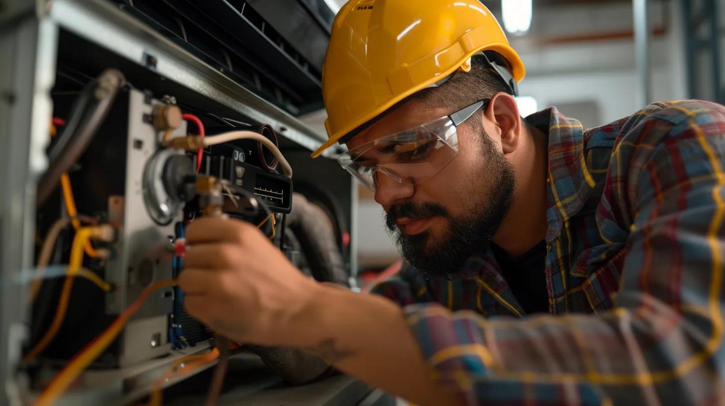 a focused close-up of a skilled technician confidently diagnosing a central ac unit in a modern service workshop, surrounded by tools and equipment, illustrating the expertise and decision-making involved in repair versus replacement.