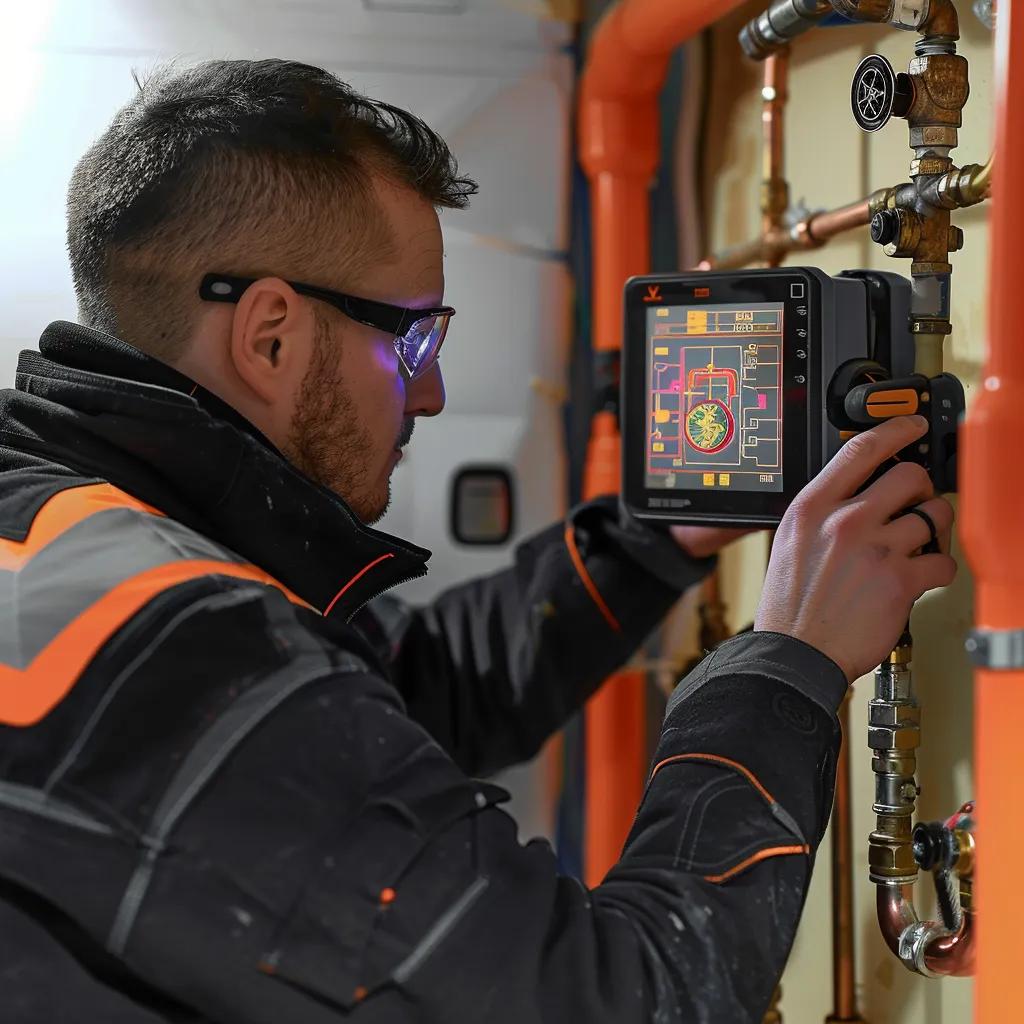 Plumber using thermal imaging camera to detect plumbing issues in a home