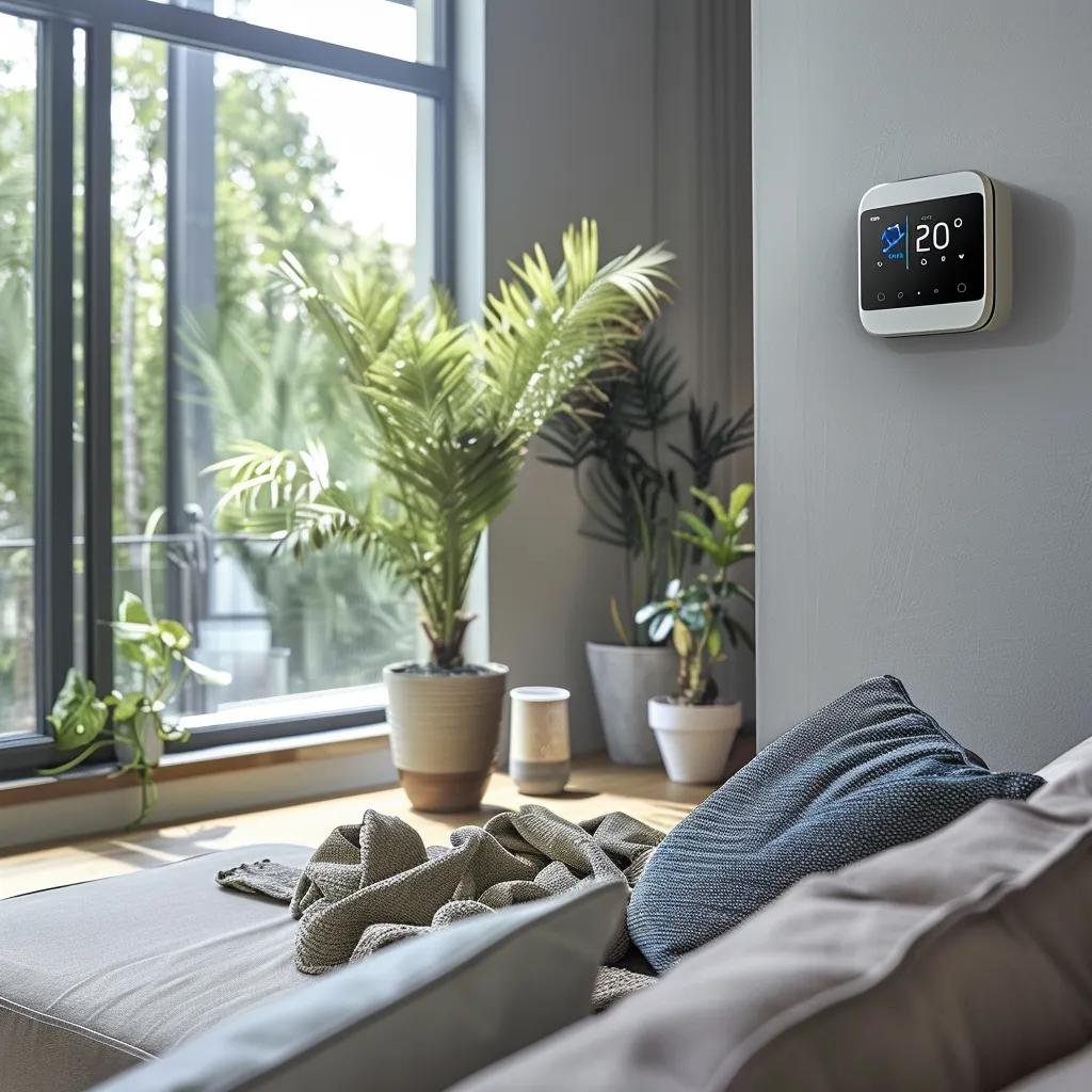 Smart thermostat in a modern living room, highlighting energy efficiency and comfort