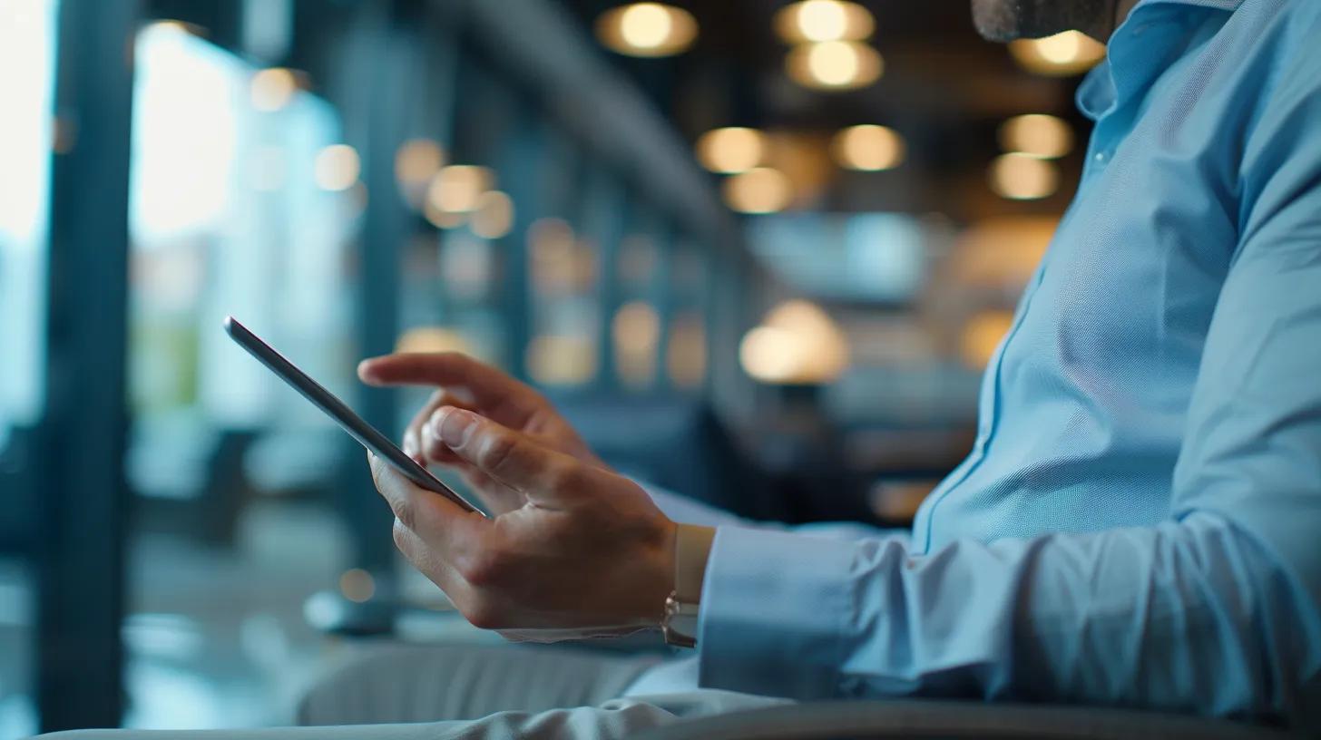 a close-up view of a contractor thoughtfully reviewing customer testimonials on a tablet while sitting in a sleek, modern office space, emphasizing the importance of repair quality and service reliability in the air conditioning repair industry.