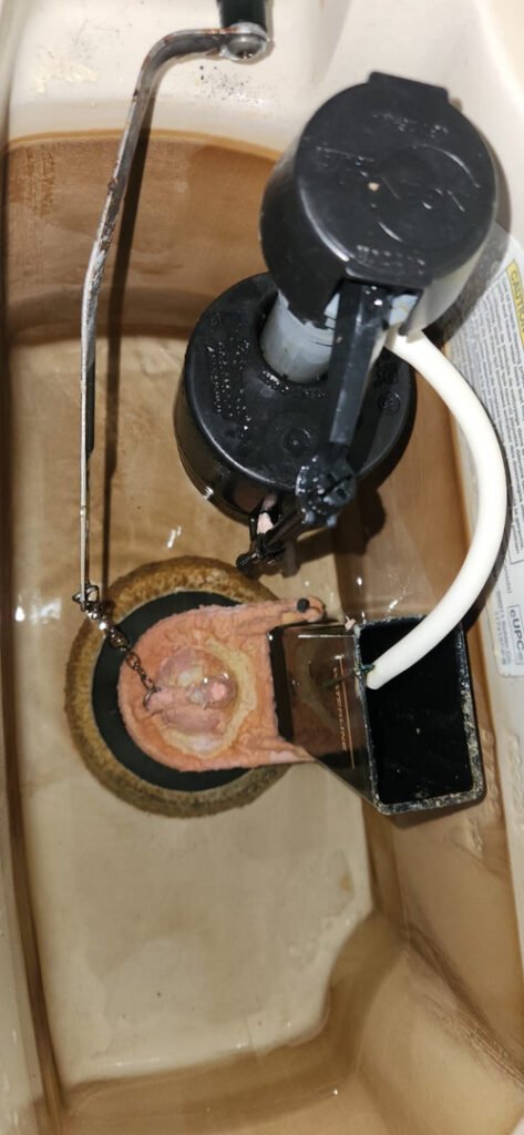 A worn flapper, chain and fill valve inside a toilet tank.