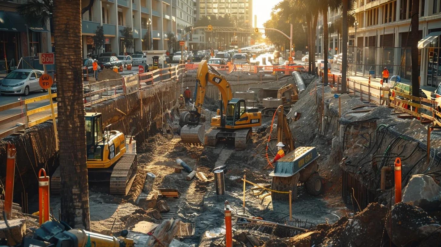 a sharp, focused image contrasting a traditional excavation site with heavy machinery and workers against a modern trenchless technology setup, showcasing sleek equipment and minimal disruption on a city street in tampa.