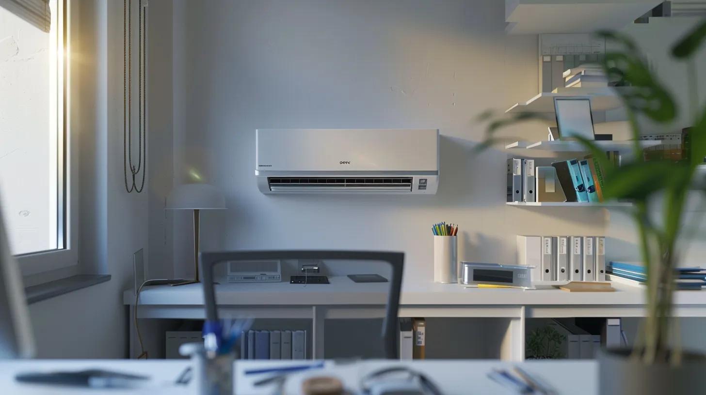 a modern, sleek air conditioning unit is prominently displayed in a well-organized office setting, surrounded by tools and cleaning supplies, conveying the essential tasks of summer maintenance for optimal cooling efficiency.