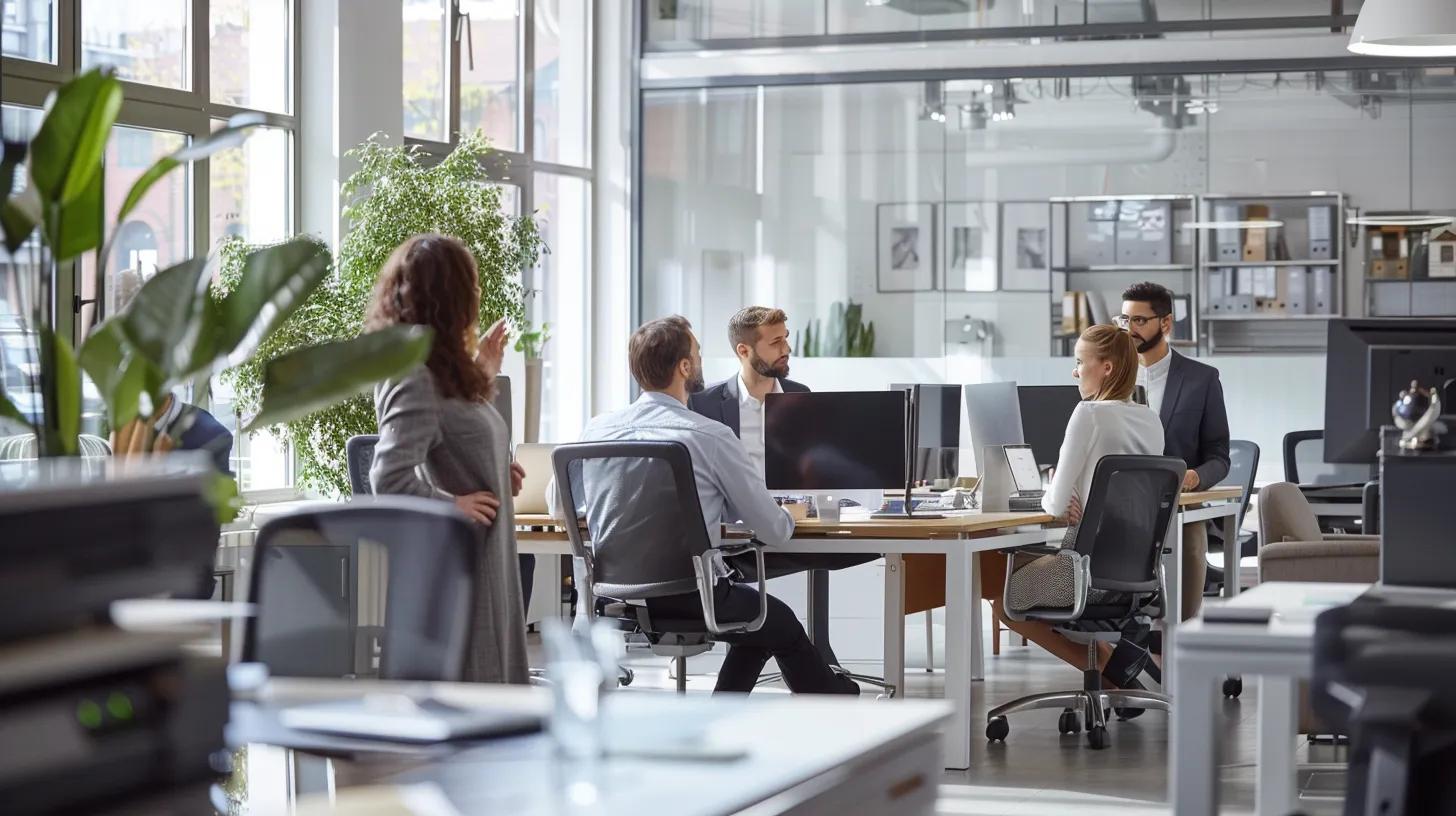 a professional interior scene captures a well-organized office space bustling with a team discussing clear, informative charts and graphs related to drain replacement services, framed by sleek furniture and modern technology to convey confidence and efficiency.