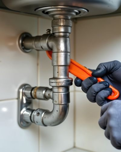 Plumber Fixing Pipe With Wrench In Kitchen Sink Plumbing Tampa Fl
