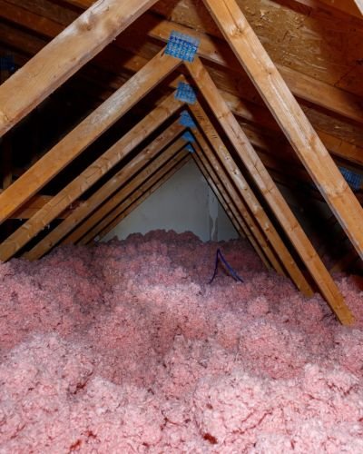 Insulation Material Covering Attic Space With Wooden Beams
