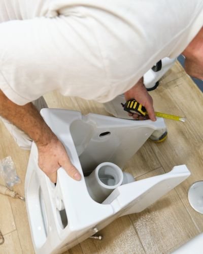 Toilet Installation By Plumber Measuring Pipes And Parts Tampa Fl